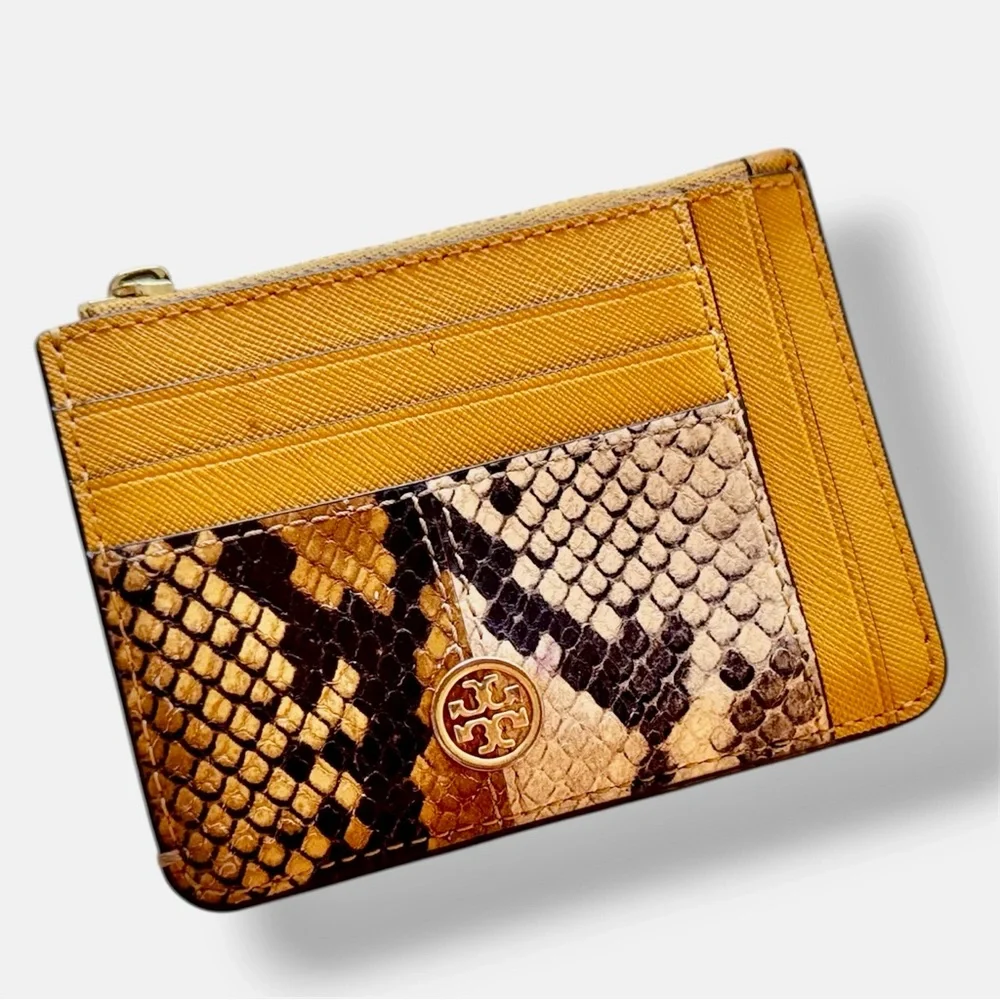TORY BURCH Mustard Yellow & Snakeskin Card Holder Zipper Wallet